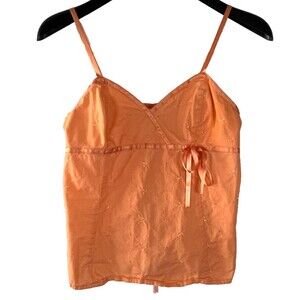 Arizona Babydoll Tank Top Aperol Spritz Orange XS Y2k Ribbon Smocked Embroidered